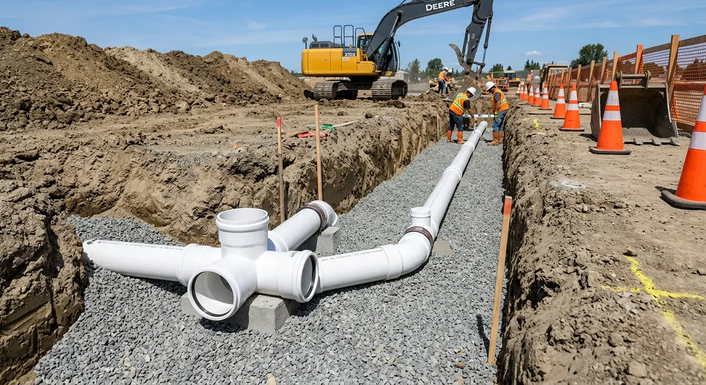 New PVC sewer pipe installation in open trench for Sewer Backup in Bayonet Point