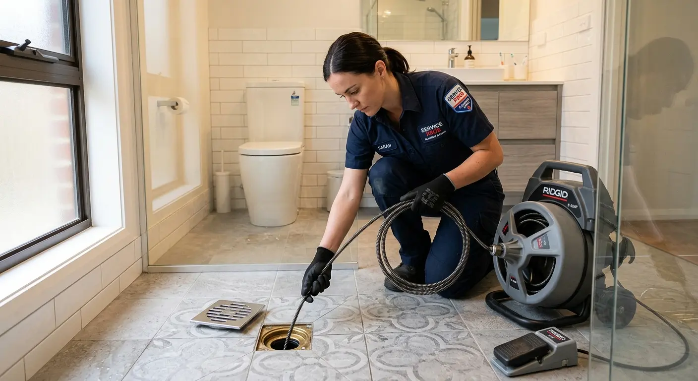 Technician clearing a bathroom floor drain for Drain Cleaning in Bayonet Point